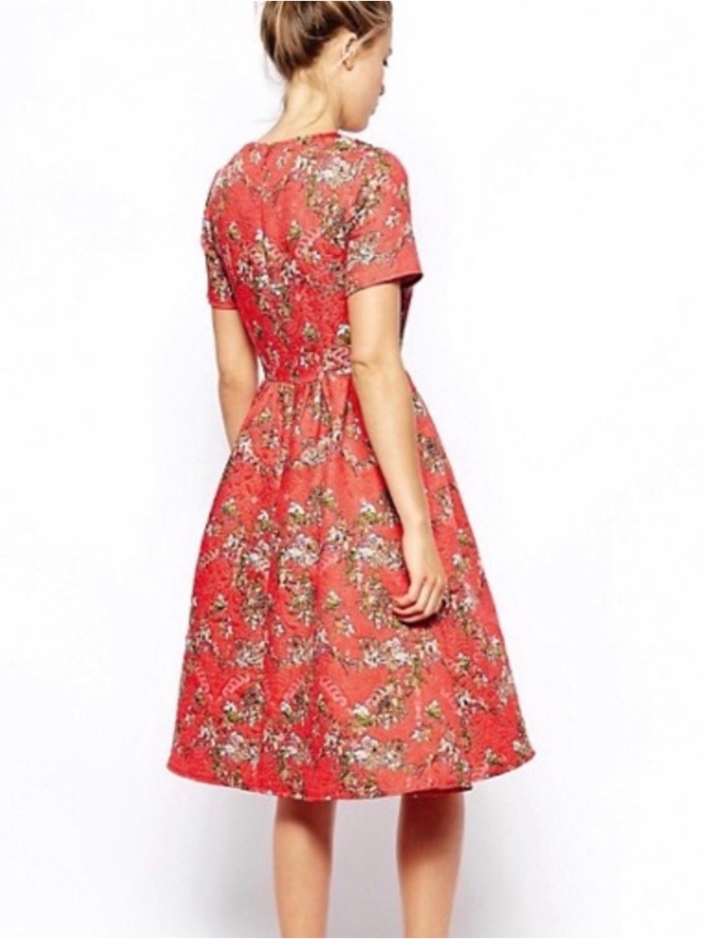 ASOS Coral Floral Short-Sleeve Quilted Fit-and-Flare Dress